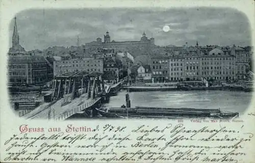 Mondschein Ak Szczecin Stettin Pommern, Gesamtansicht, Brücke
