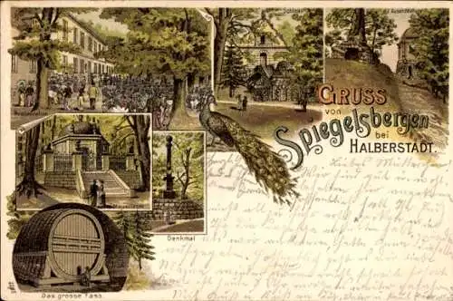 Litho Halberstadt in Sachsen Anhalt, Spiegelsberge, Pfau, Restauration, Mausoleum, Fass