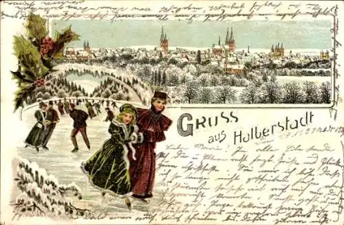 Litho Halberstadt am Harz, Gesamtansicht, Menschen beim Eislaufen