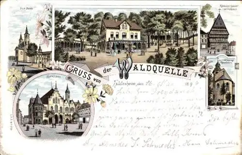 Litho Hildesheim in Niedersachsen, Waldquelle, Dom, Knochenhauer Amtshaus, Rathaus