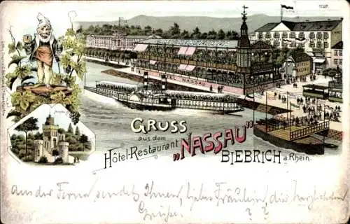 Litho Biebrich am Rhein Wiesbaden, Hotel Restaurant Nassau, Salondampfer, Zwerg