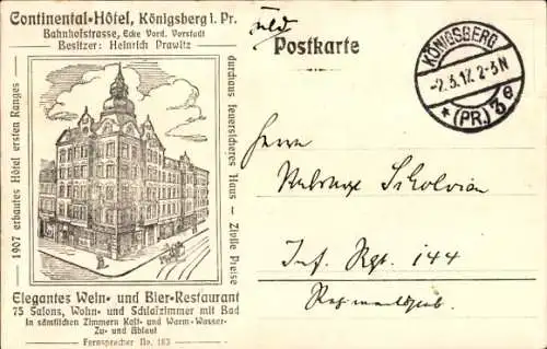 Ak Kaliningrad Königsberg Ostpreußen, Kontinental-Hotel, Bahnhofstraße