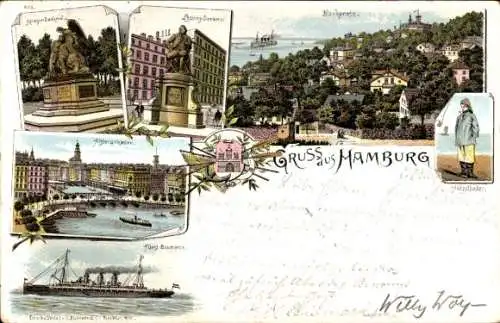 Litho Hamburg Altona Blankenese, Panorama, Dampfer Fürst Bismarck, Alsterarkaden, Helgoländer