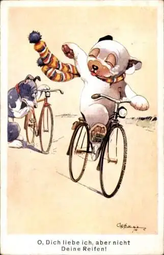 Künstler Ak Hund Bonzo fährt Rad, O, Dich liebe ich, aber nicht Deine Reifen