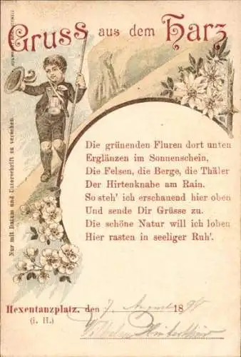Litho Thale im Harz, Hexentanzplatz, Gedicht, Die grünenden Fluren dort unten...