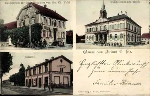 Ak Illfurth Illfurt Elsass Haut Rhin, Schule, Restauration zur Stadt Mühlhausen, Bahnhof, Gleisseite