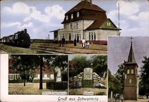 Ak Swarzynice Schwarmitz Ostbrandenburg, Bahnhof, Gleisseite, Schule, Kriegerdenkmal