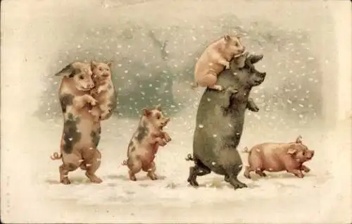 Litho Schweinefamilie, Ferkel, Winter, Schneesturm