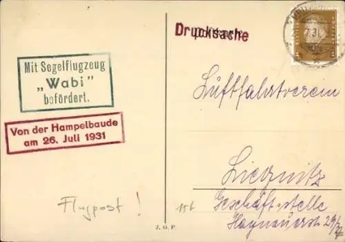 Ak Karpacz Krummhübel Riesengebirge Schlesien, Hampelbaude, Flugpost mit Segelflugzeug Wabi