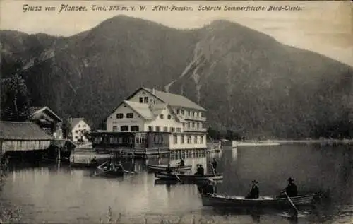 Ak Reutte in Tirol, Plansee, Hotel Gasthof zur Forelle, Uferpartie, Ruderboote