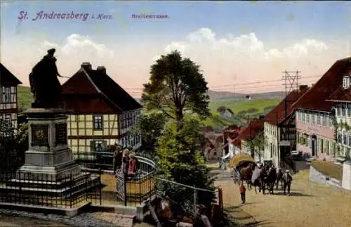 Ak St. Andreasberg Braunlage im Harz, Breitestraße, Denkmal, Fachwerkhäuser, Pferdefuhre