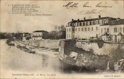 Ak Villeneuve sur Lot Lot et Garonne, Mairie, Quais