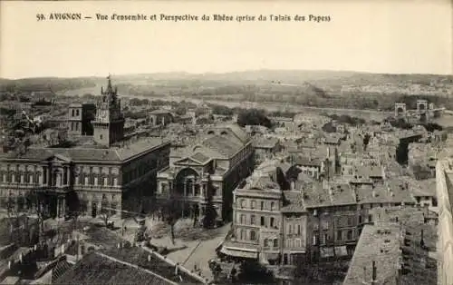 Ak Avignon Vaucluse, Vue d'ensemble et Perspective du Rhone, Palais des Papes