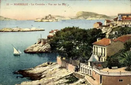 Ak Marseille Bouches du Rhône, La Corniche, Vue sur les Iles