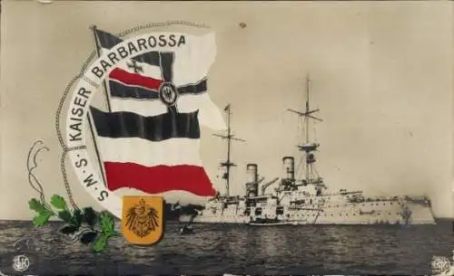Ak Deutsches Kriegsschiff, SMS Kaiser Barbarossa, Kaiserliche Marine, Fahnen, Wappen