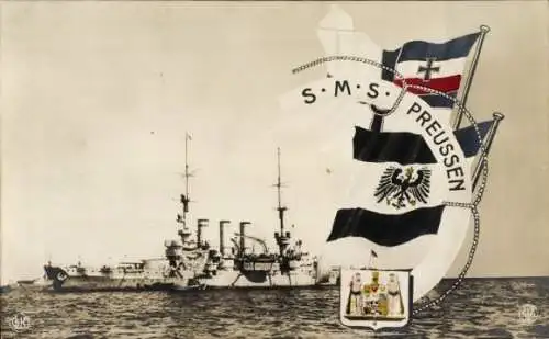 Ak Deutsches Kriegsschiff, SMS Preußen, Linienschiff, Fahnen, Kaiserliche Marine