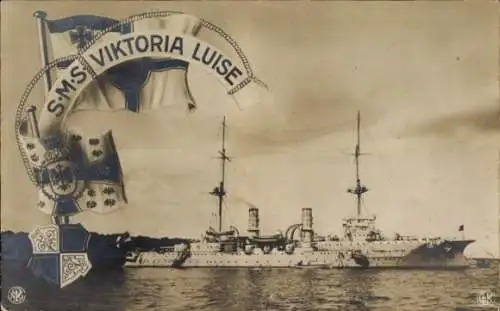 Ak Deutsches Kriegsschiff, S.M.S. Viktoria Luise, Kaiserliche Marine, Wappen, Fahne