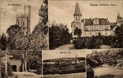 Ak Göttingen in Niedersachsen, Bismarckturm, Kaiser Wilhelm-Park, Forsthütte, Teich, Blick von Süden