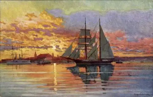 Künstler Ak Schmidt, R., Sonnenuntergang im Kieler Hafen, Segelschiff