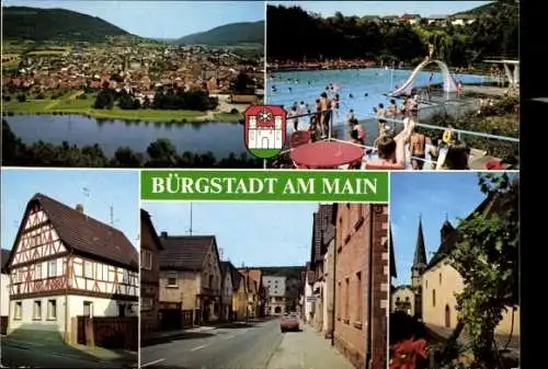 Ak Bürgstadt in Unterfranken, Hotel-Restaurant Centgraf, Straßenpartie, Schwimmbad, Wappen