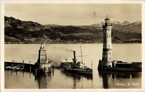 Ak Lindau am Bodensee Schwaben, Hafen, Dampfschiff