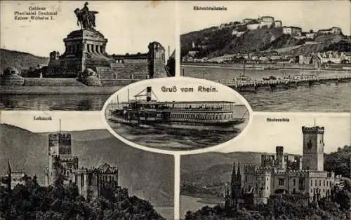 Ak Ehrenbreitstein Koblenz am Rhein, Stolzenfels, Deutsches Eck, Denkmal, Dampfer, Lahneck