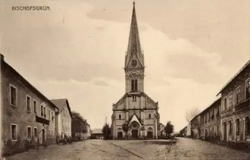 Ak Bischofsgrün im Fichtelgebirge, Teilansicht, Kirche