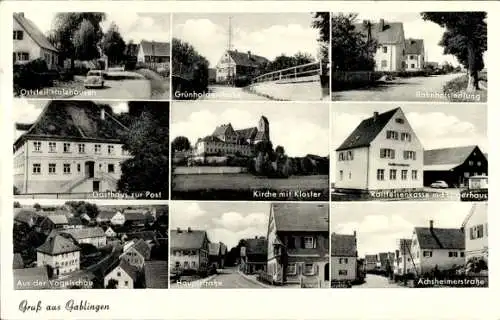 Ak Gablingen Kreis Augsburg, Grünhaldenstraße, Bahnhof Siedlung, Gasthaus zur Post, Kirche, Kloster