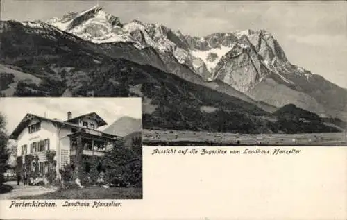 Ak Garmisch Partenkirchen Oberbayern, Aussicht auf die Zugspitze, Landhaus Pfanzelter, Außenansicht