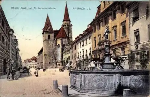 Ak Ansbach in Mittelfranken Bayern, oberer Markt, St. Johanniskirche, Brunnen