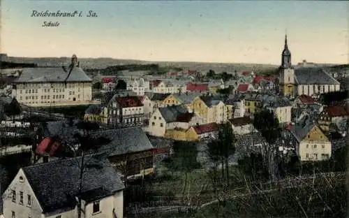 Ak Reichenbrand Chemnitz in Sachsen, Panorama mit Schule, Kirchturm