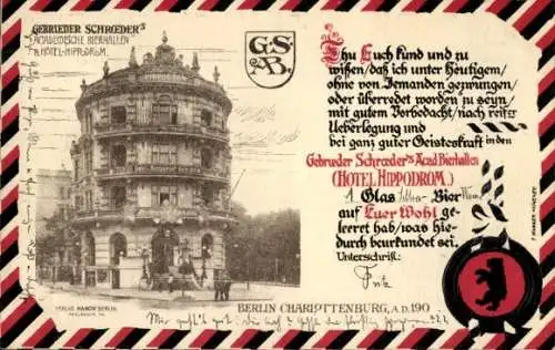 Ak Berlin Charlottenburg, Gebrueder Schroeder's Akademische Bierhallen, Hotel Hippodrom, Wappen