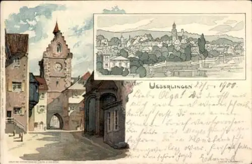 Künstler Litho Mutter, K., Überlingen am Bodensee, Uhrenturm und Tor, Straße, Gesamtansicht