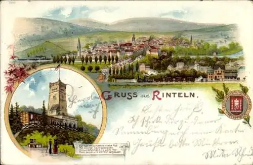 Litho Rinteln an der Weser, Aussichtsturm, Eisenbahn, Stadtpanorama