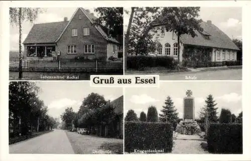 Ak Essel Kutenholz, Lebensmittel Rochel, Kriegerdenkmal, Schule