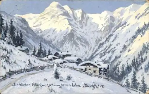 Künstler Ak Neujahr, Winterlandschaft, Häuser, Berge