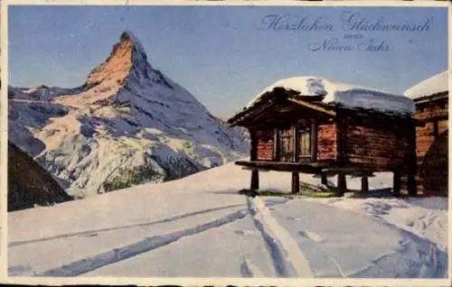 Ak Neujahr, Schweiz, Winterlandschaft, Hütte, Berge