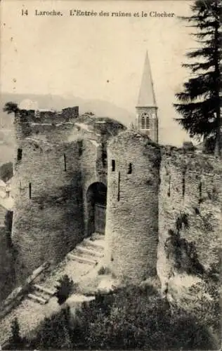 Ak Laroche La Roche en Ardennes Wallonien Luxemburg, Entree des ruines et le Clocher