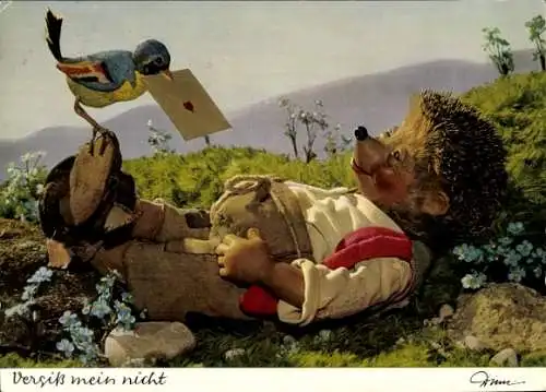 Ak Mecki der Igel, Vergiss mein nicht, Vogel, Brief