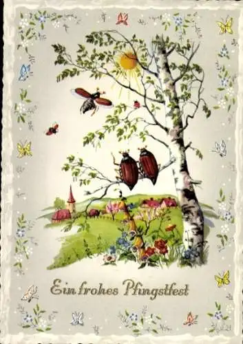 Ak Frohe Pfingsten, Maikäfer, Schmetterlinge, Birke