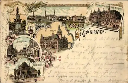 Litho Gelsenkirchen im Ruhrgebiet, Kriegerdenkmal, Rathaus, Bahnhofstraße, Landratsamt