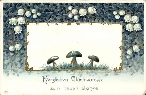 Ak Glückwunsch Neujahr, Pilze, Maiglöckchen