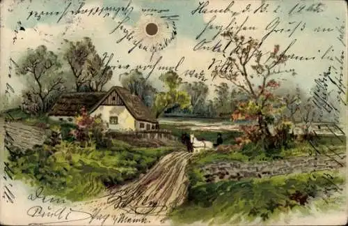 Litho Dorfidyll, Wohnhaus, Bauer, Pferde, Sonnenschein