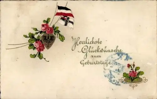 Ak Glückwunsch Geburtstag, Blumen, Wappen, Fahne