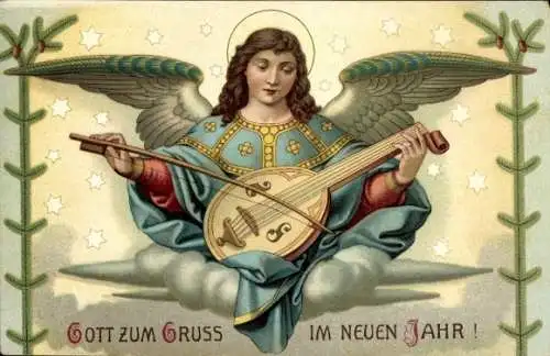 Ak Gott zum Gruß im neuen Jahr, Ein Engel mit einer Laute