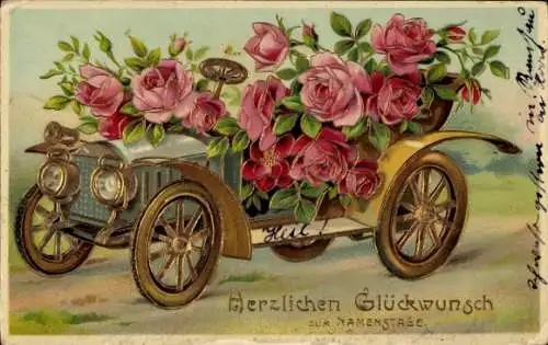 Präge Ak Glückwunsch Namenstag, Automobil, Rosen