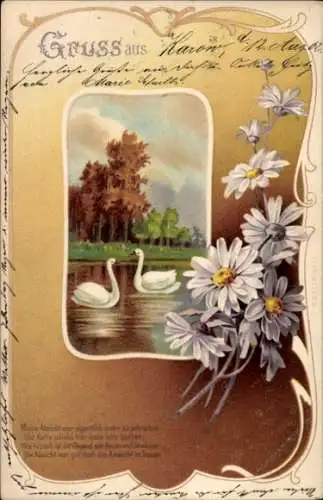 Präge Litho Schwäne, Teich, Margeriten, Kitsch