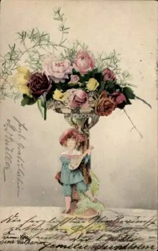 Litho Blumenstrauß, Rose, Kind, Kitsch