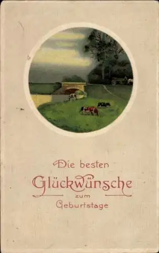 Präge Ak Glückwunsch Geburtstag, Fluss, Kühe, Brücke