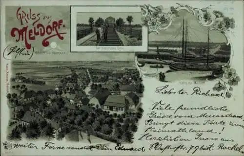 Mondschein Litho Meldorf in Holstein, Panorama, Hafen, historischer Stein